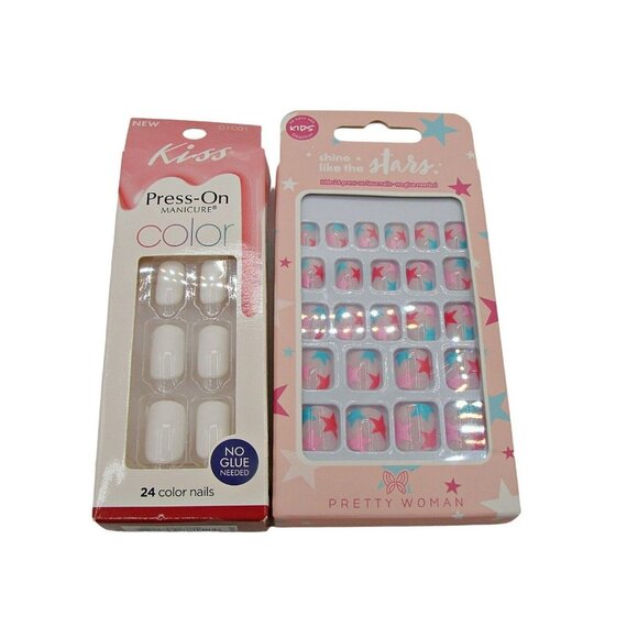 Lot 5 Pretty Woman Kiss Press on Glue Nails New Box Leopard White Blue Coffin - Picture 3 of 14